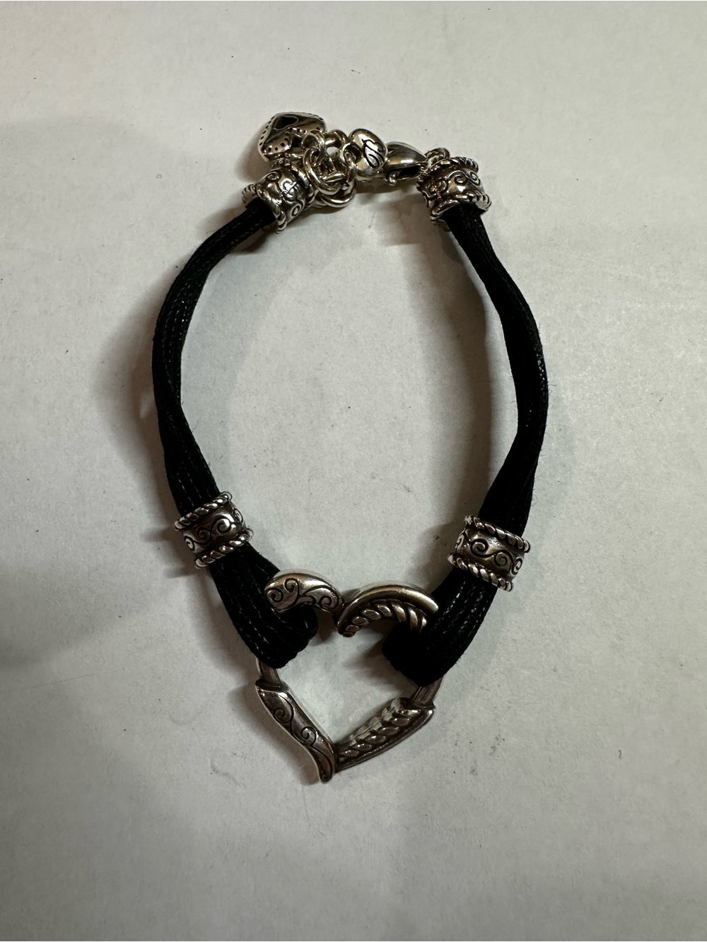 Brighton Silver-Tone & Black Multi-Strand Cord Open Heart Bracelet